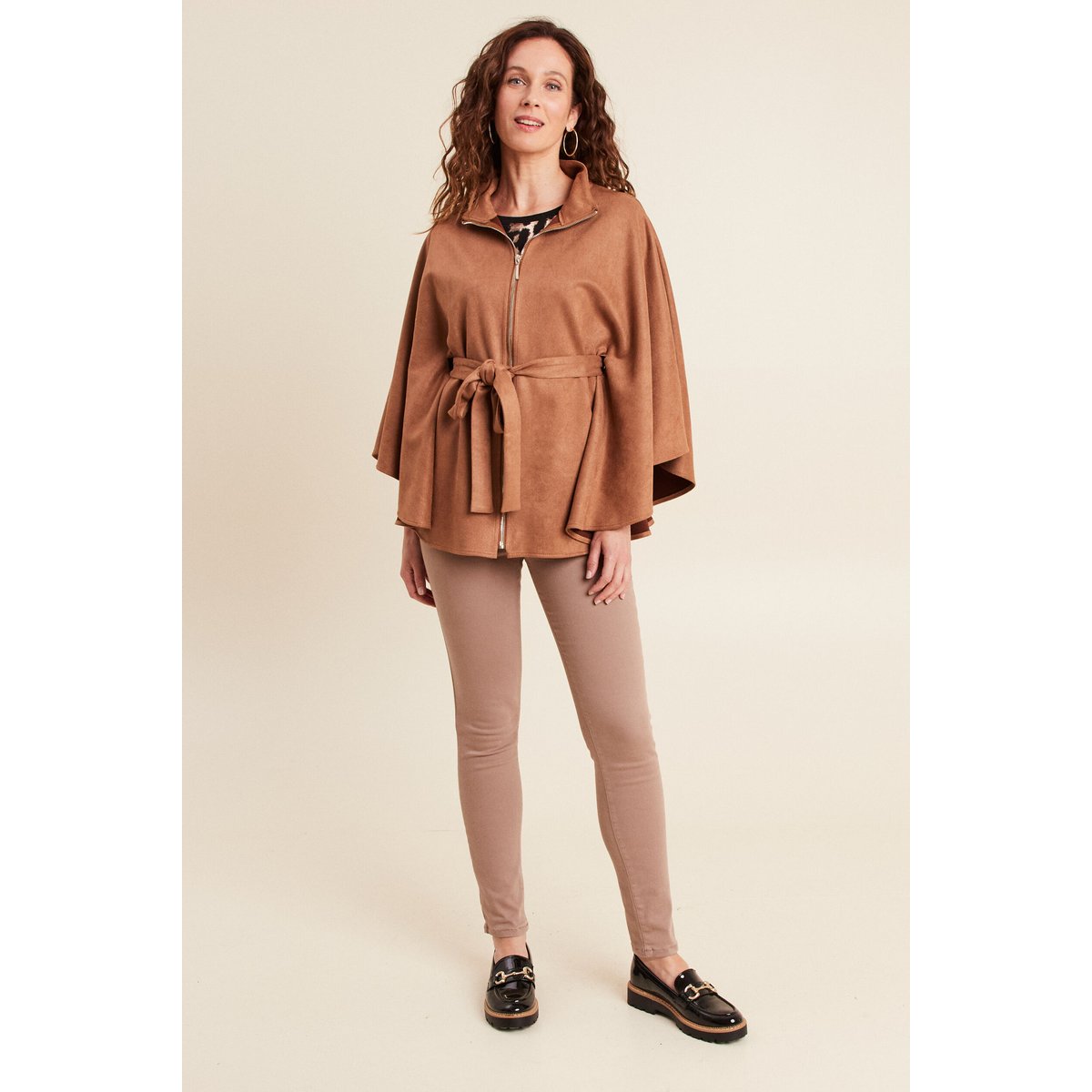 Poncho ceinturé fermeture zippée marron clair, BREAL