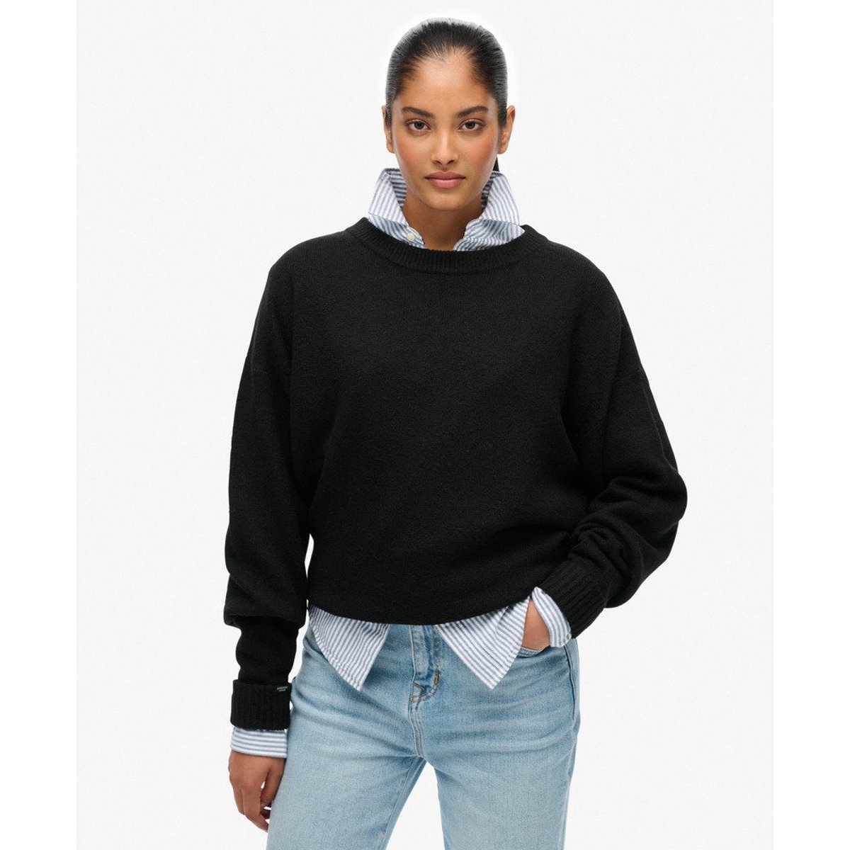 Pull col rond ample noir, SUPERDRY