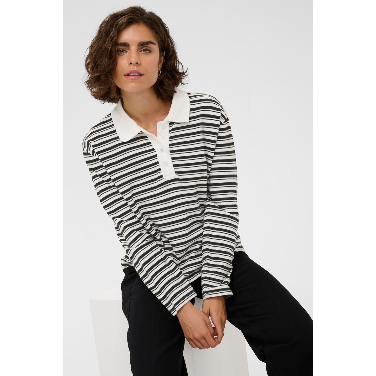 Chemise polo blanc chalk with black deep stripe, KAFFE