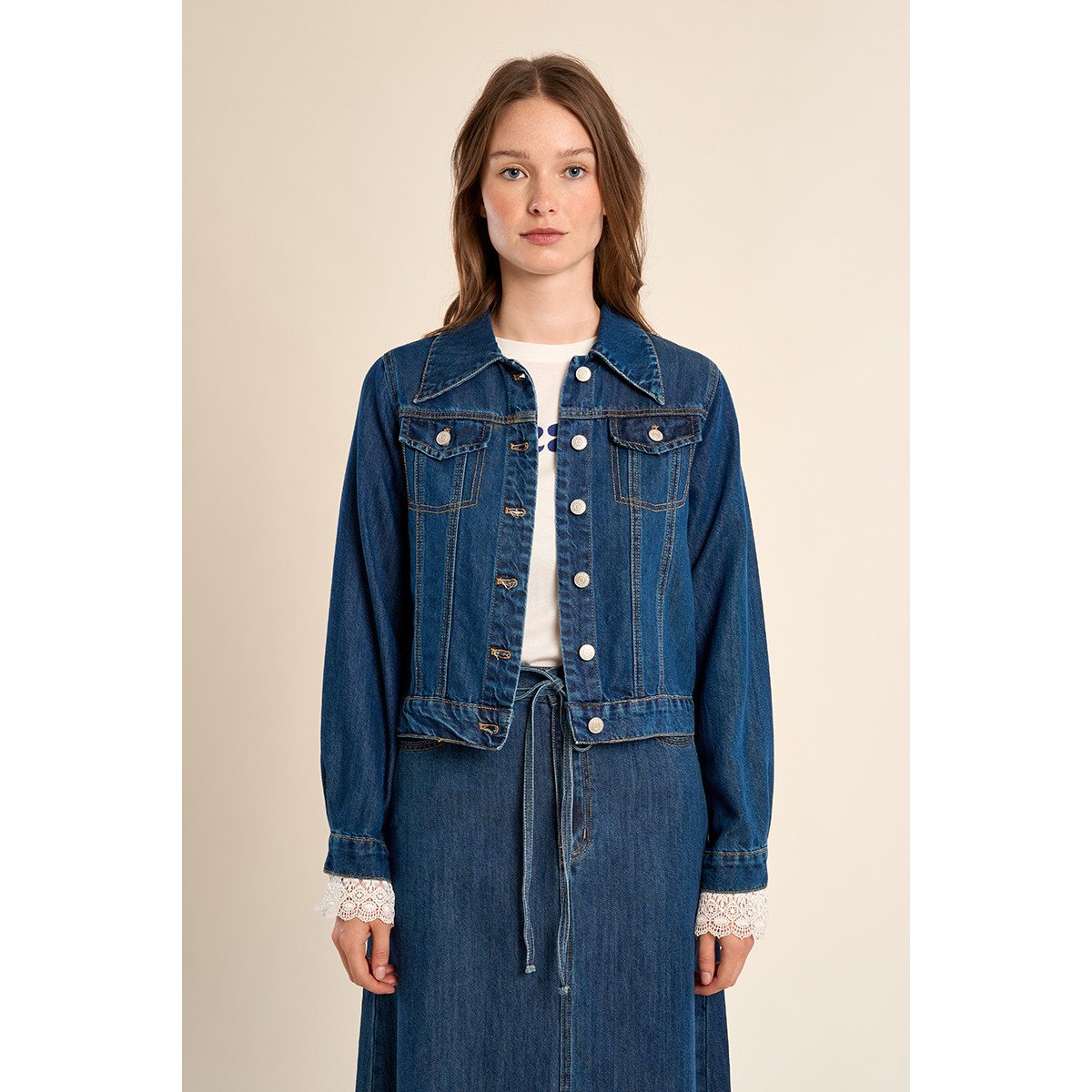 Veste court en denim, ceintrée denim blue, MOLLY BRACKEN