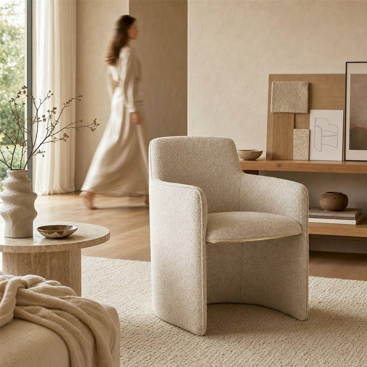Fauteuil art déco en tissu texturé beige, RECOLLECTION