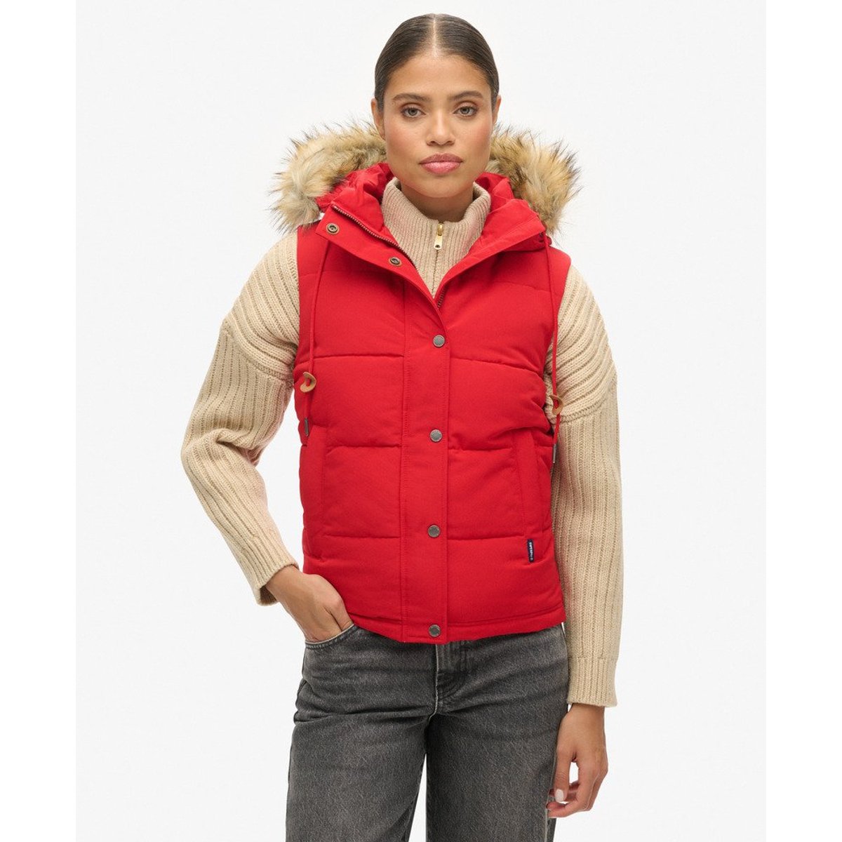 Doudoune sans manches à imitation fourrure Everest rouge universitaire, SUPERDRY