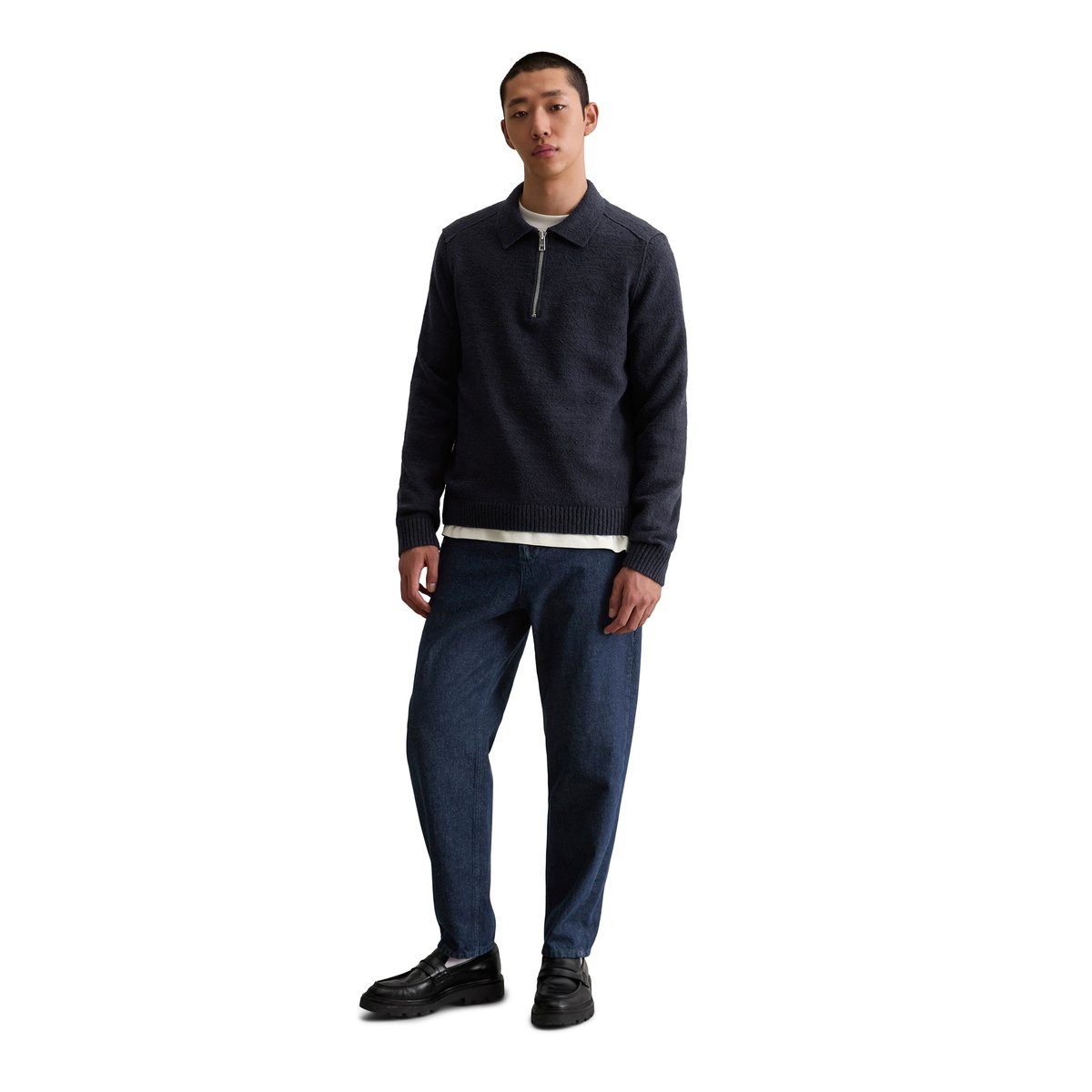 Pull-over en tricot bouclette relaxed en coton bio bleu foncé, MARC O’POLO DENIM