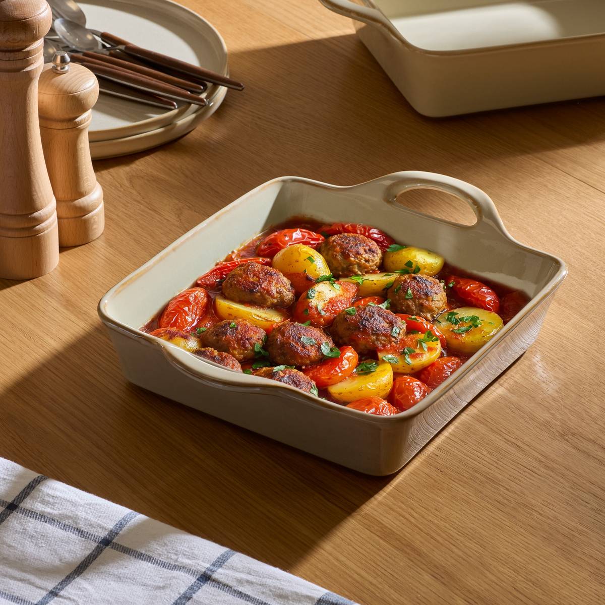 Plat carré en grès TERRE INCONNUE beige, ATMOSPHERA