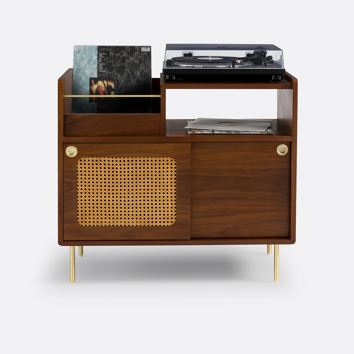 Mueble para vinilos de chapa de nogal y mimbre, Redpop nogal, LA REDOUTE INTERIEURS