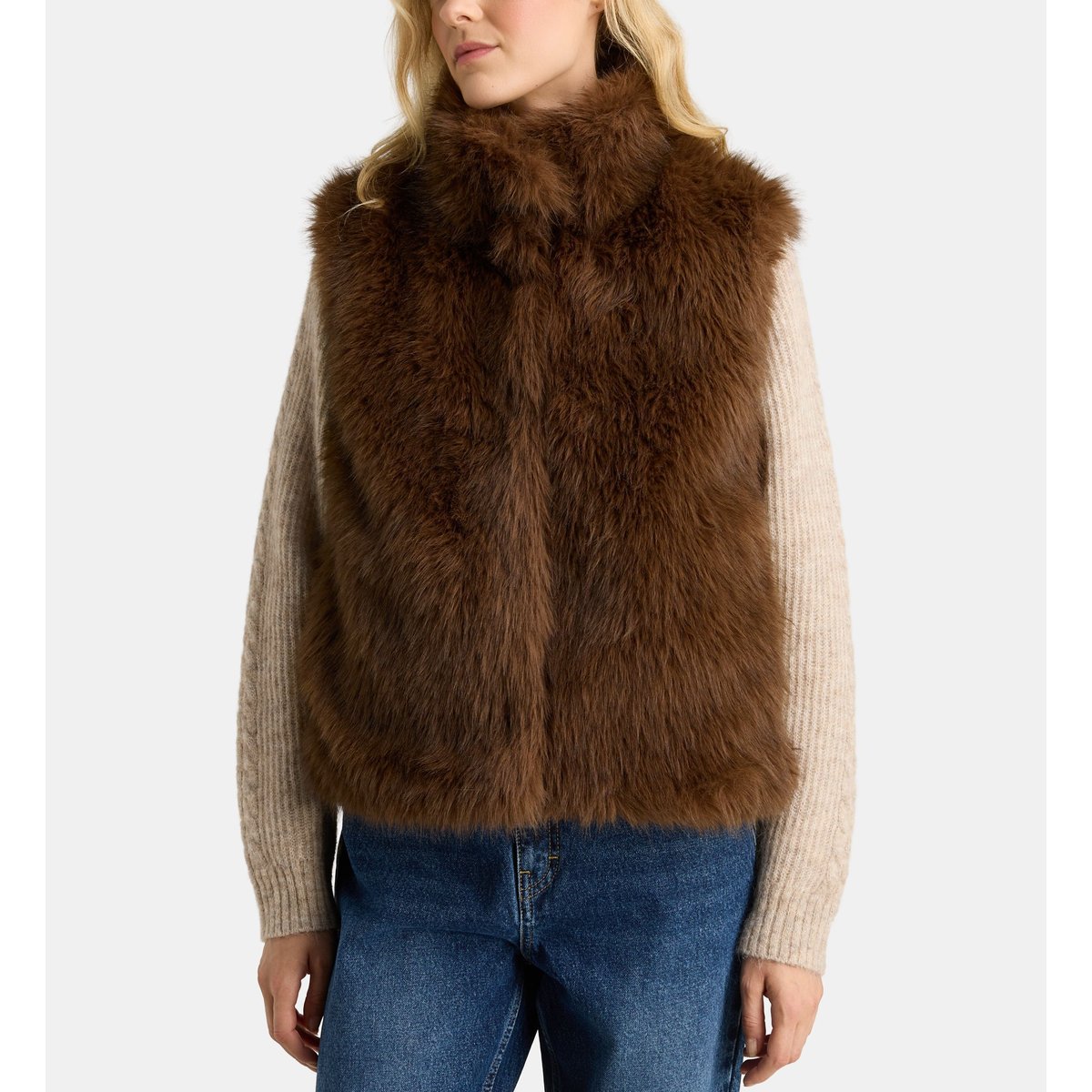 Veste sans manches diabolo fur marron foncé, GALERIES LAFAYETTE