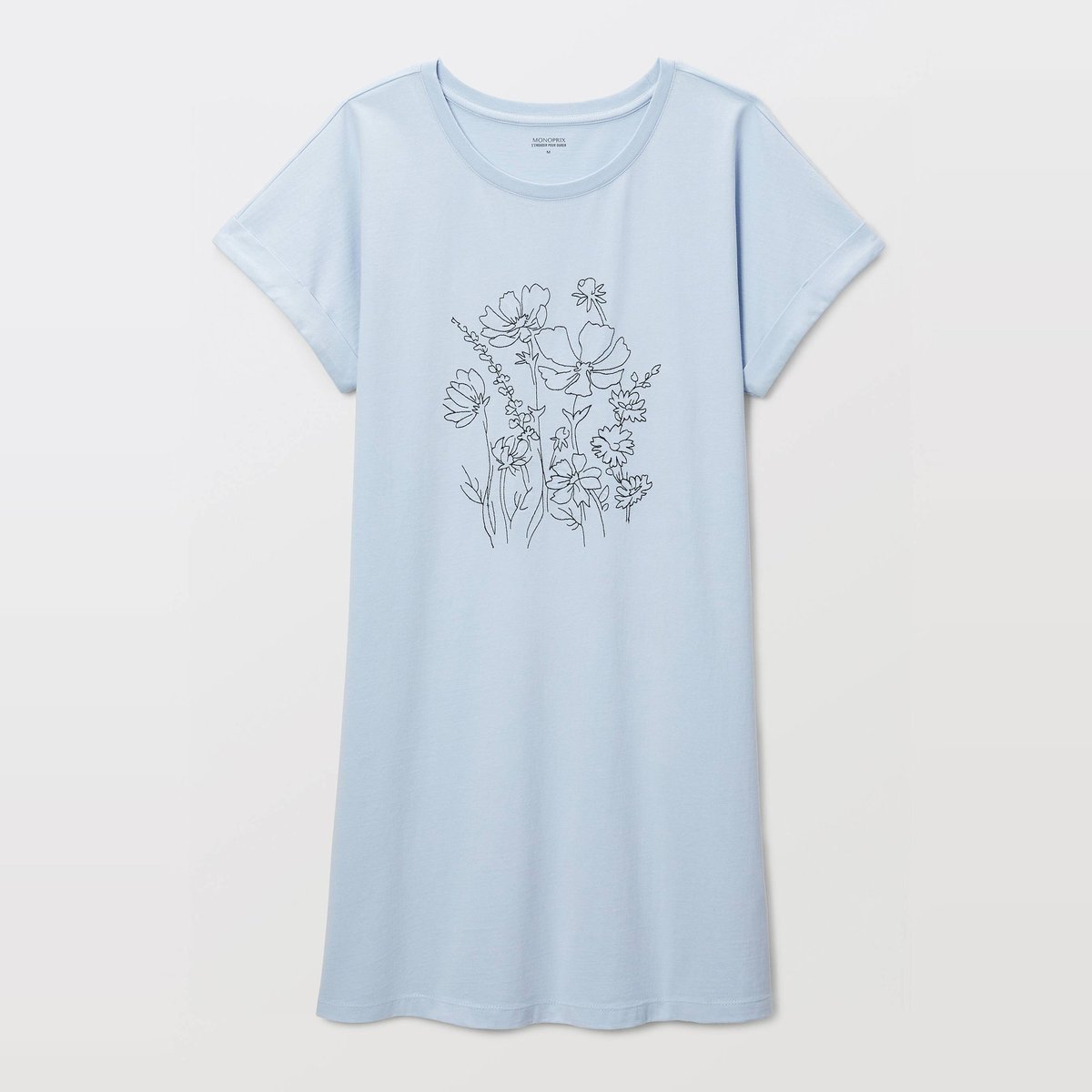 Chemise de nuit unie avec broderie fleur en coton bio GOTS celeste, MONOPRIX