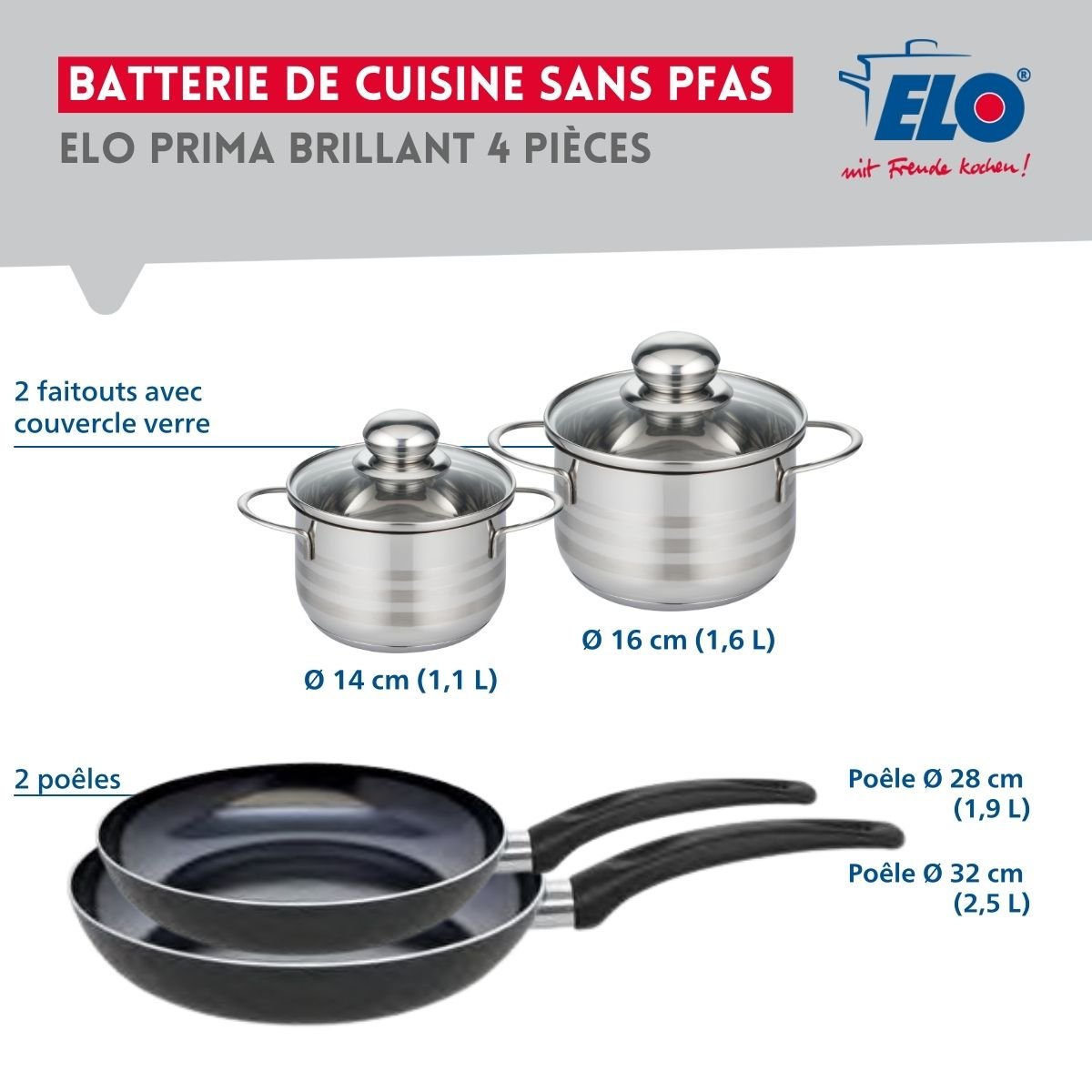 Batterie 2 poêles 28/32cm + 2 faitouts 14/16cm PRIMA BRILLANT noir, ELO