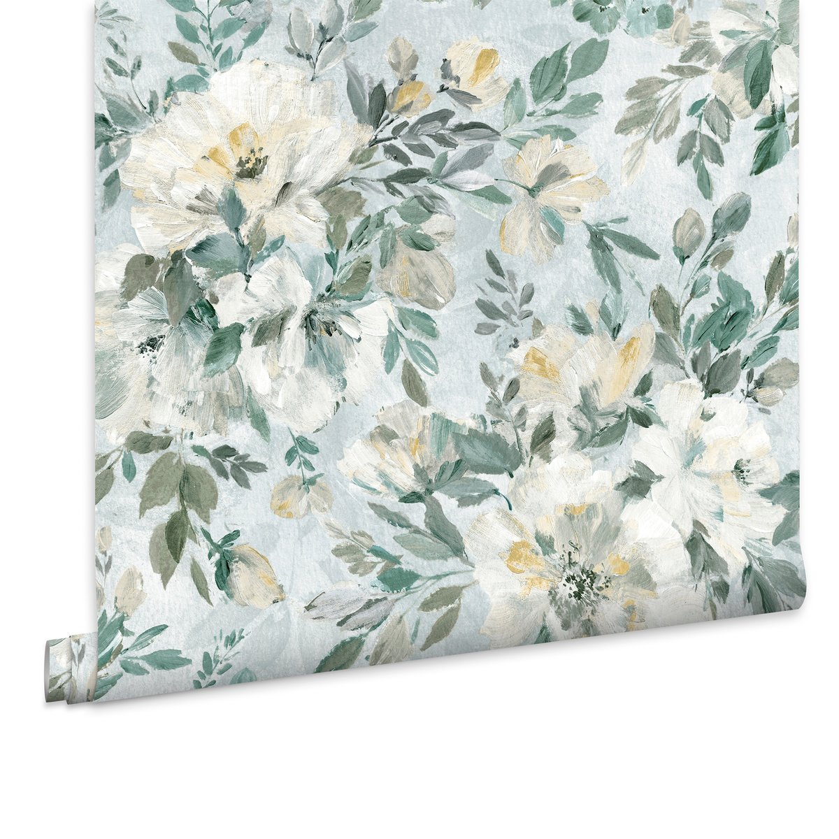 Papier peint Fleurs de pivoine Elowen vert pastel, beige, LAURA ASHLEY