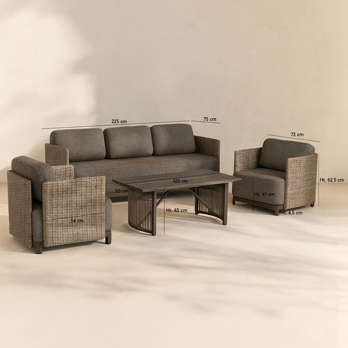 Salon de jardin 5 places en aluminium et tissu, MADRAGUE moka, NOW'S HOME