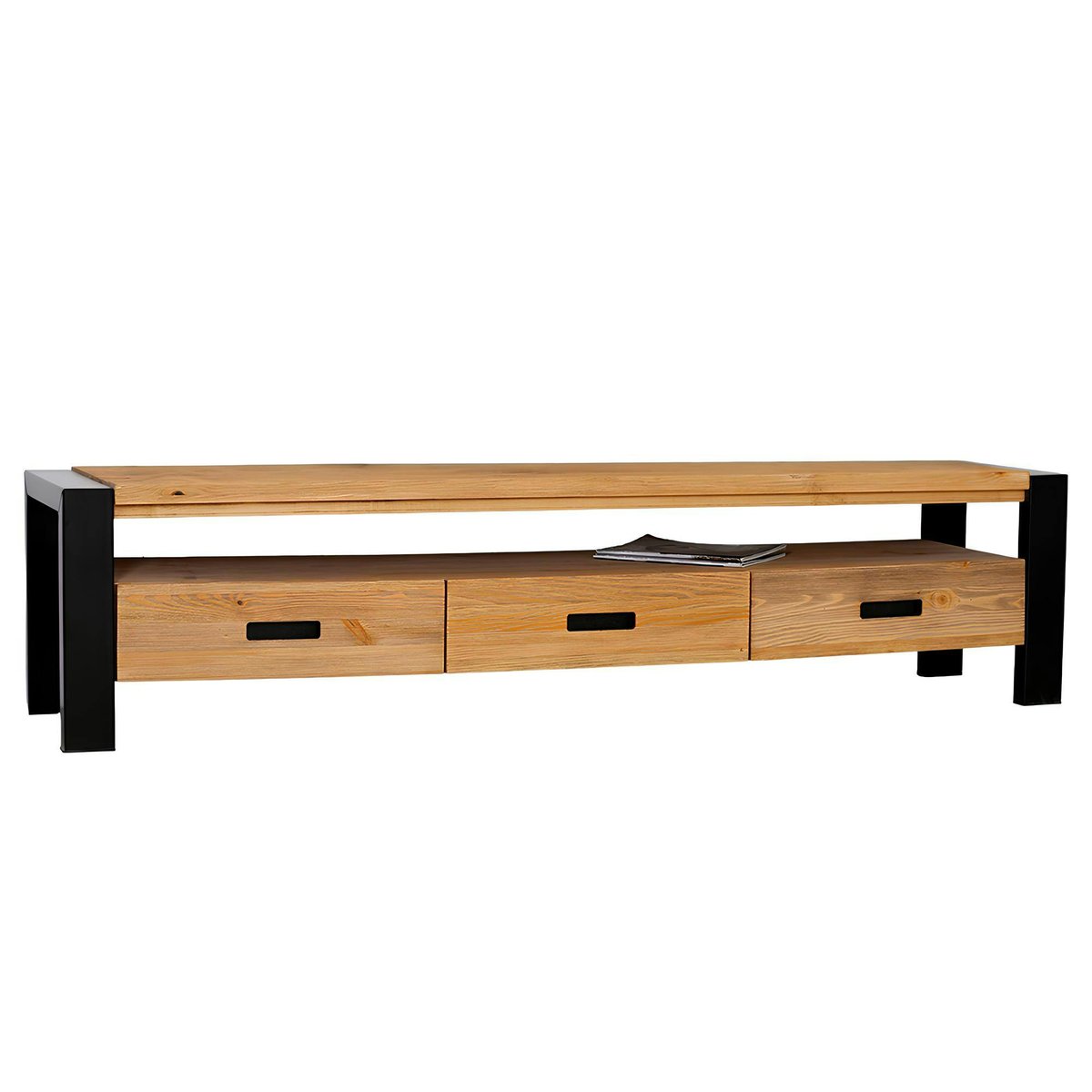 Meuble TV 180cm pin massif et métal 3 tiroirs style industriel LOUNDGE bois naturel, PIER IMPORT