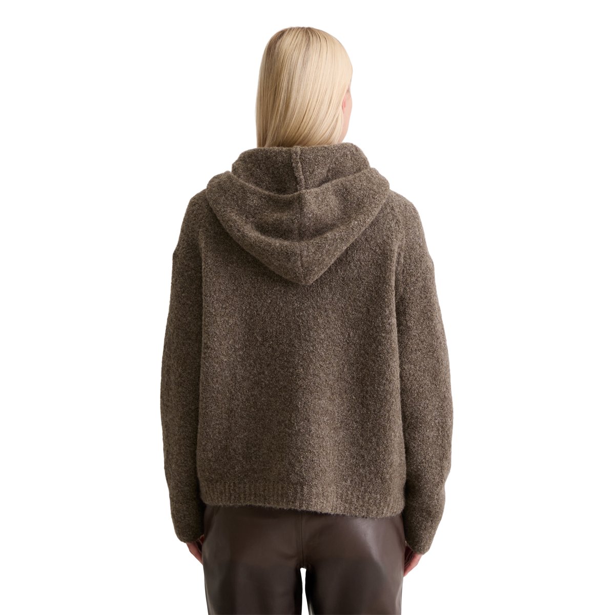 Hoodie en bouclette loose en mélange de laine vierge et de laine d'alpaga brun foncé, MARC O'POLO
