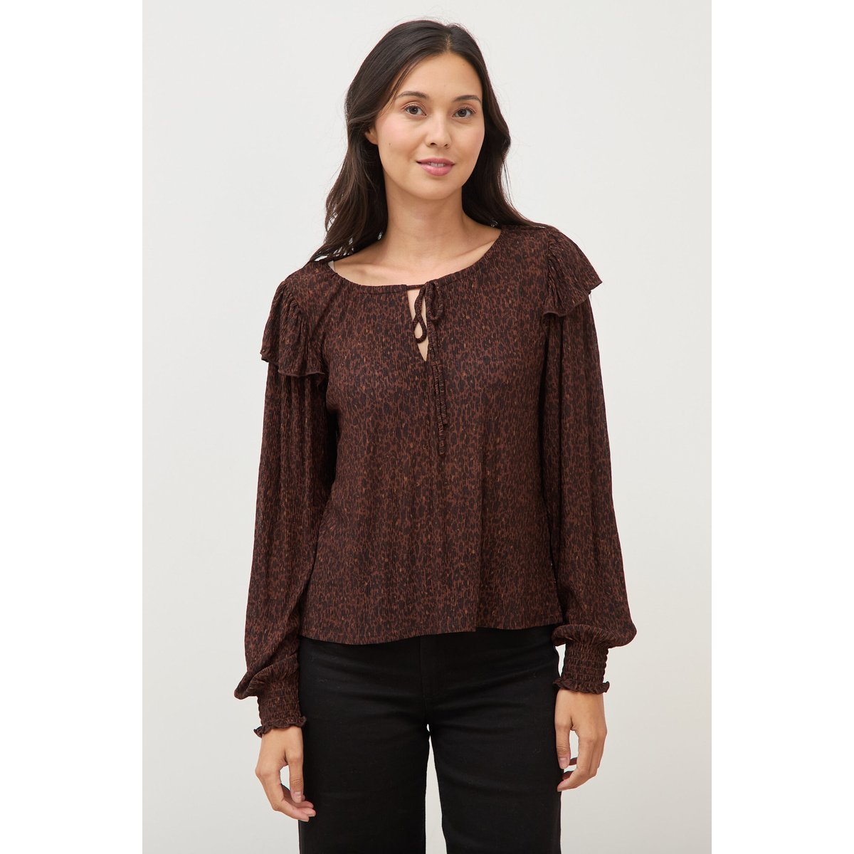 Blouse droite manches longues col rond marron chocolat, BONOBO