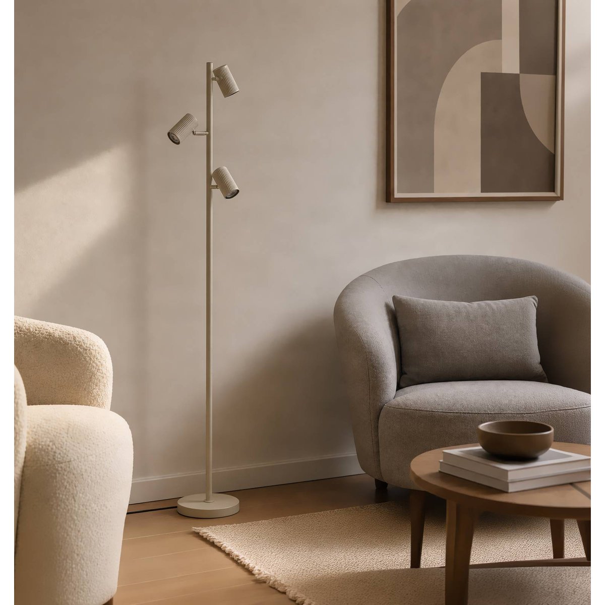 Lampadaire en métal moderne, Kardis beige, LINDBY