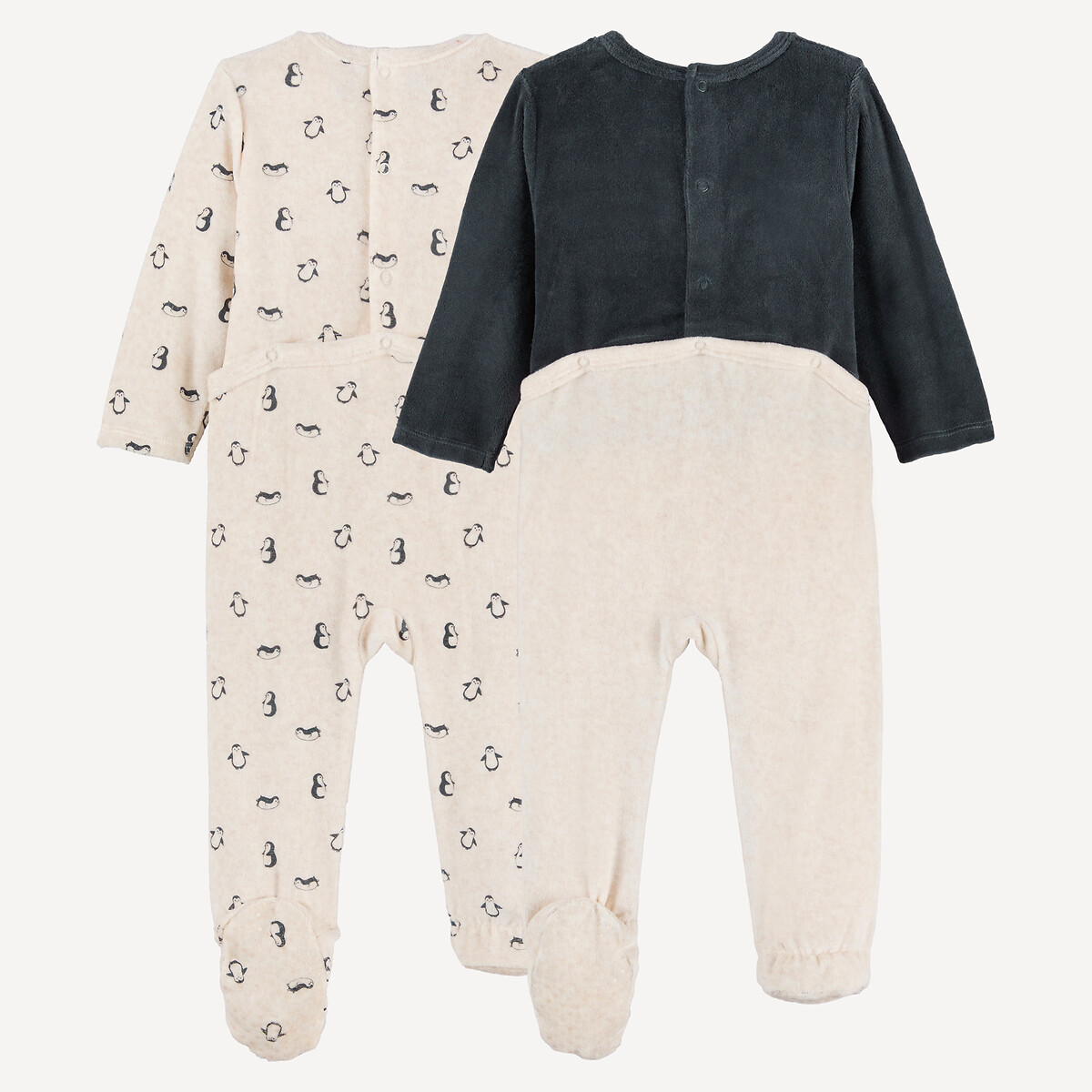 Pack of 2 Penguin Print Velour Sleepsuits blue + pink, LA REDOUTE COLLECTIONS