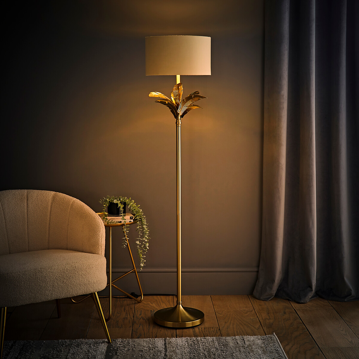 Chrissy Gold Palm Leaf Floor Lamp with Velvet Drum Shade gold-coloured, SO'HOME
