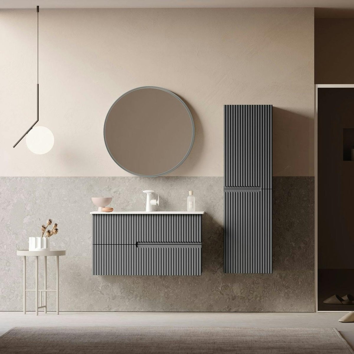 Meuble vasque 2 tiroirs rainurés 90 cm RIVIA gris, PIER IMPORT