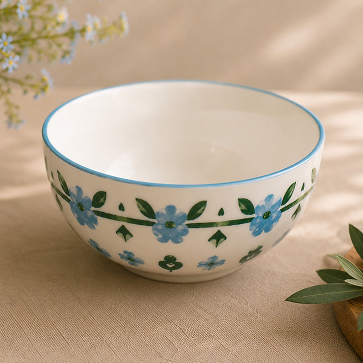 Lot de 6 bols 60cl en porcelaine, PRIMAVERA blanc-bleu, NOVASTYL