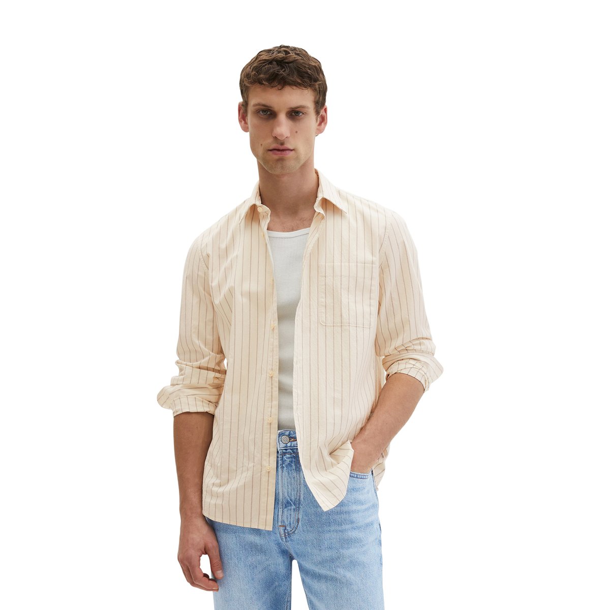Chemise shaped en popeline de coton bio en mouvement beige, MARC O'POLO