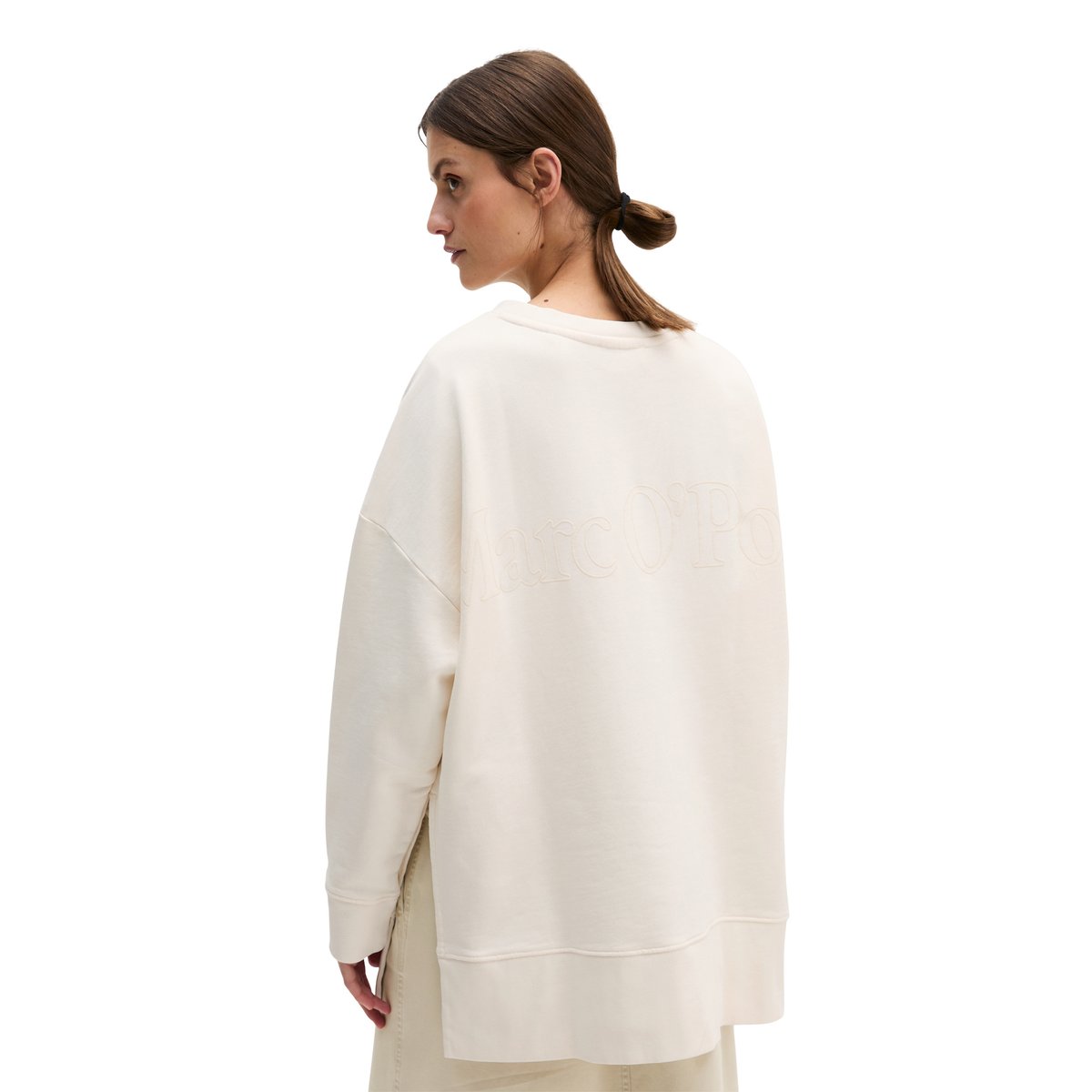 Logo-Sweatshirt loose en coton organique blanc naturel, MARC O'POLO