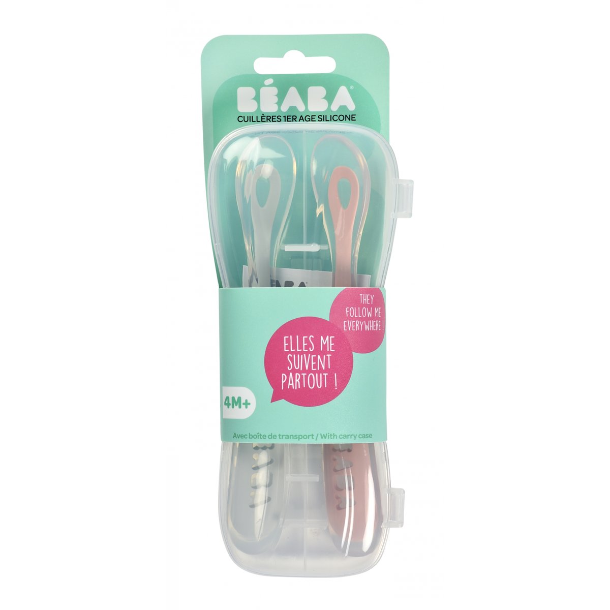 Lot 2 cuillères 1er âge silicone avec boite de transport barbe à papa guimauve, BEABA