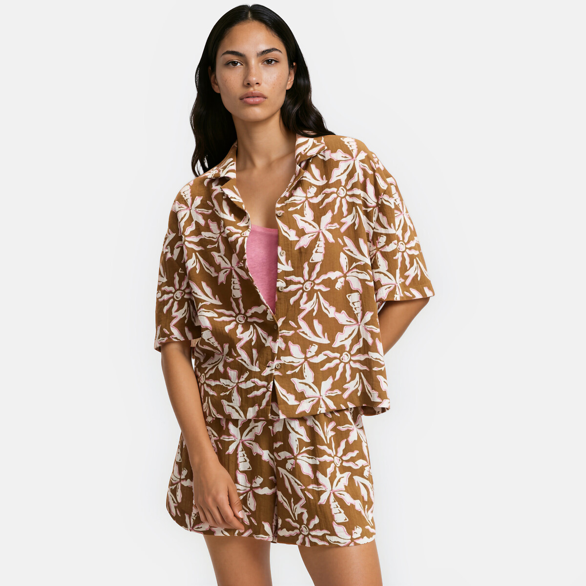Chemise manches courtes imprimé floral imprimé camel, LA REDOUTE COLLECTIONS