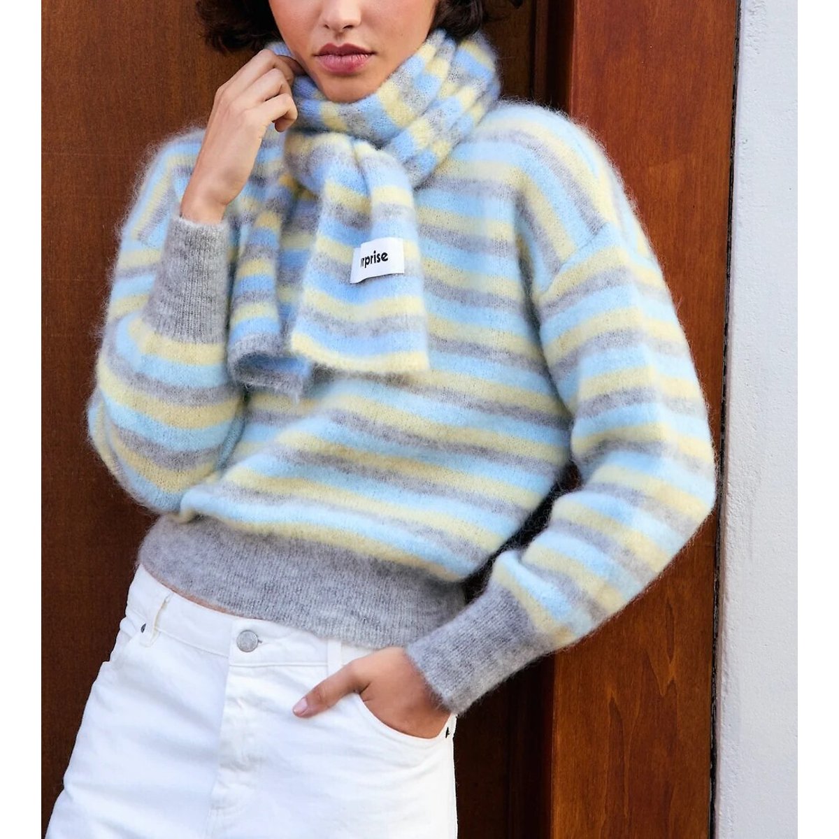 Pull col rond à rayures LALA bleu/jaune/gris, SURPRISE