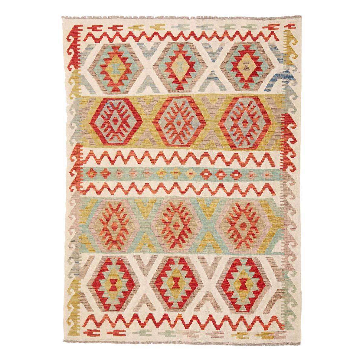 Tapis d'orient au motif ethnique, tissé plat en laine pure, KILIM 4 multicolore, crème, rouge, UN AMOUR DE TAPIS