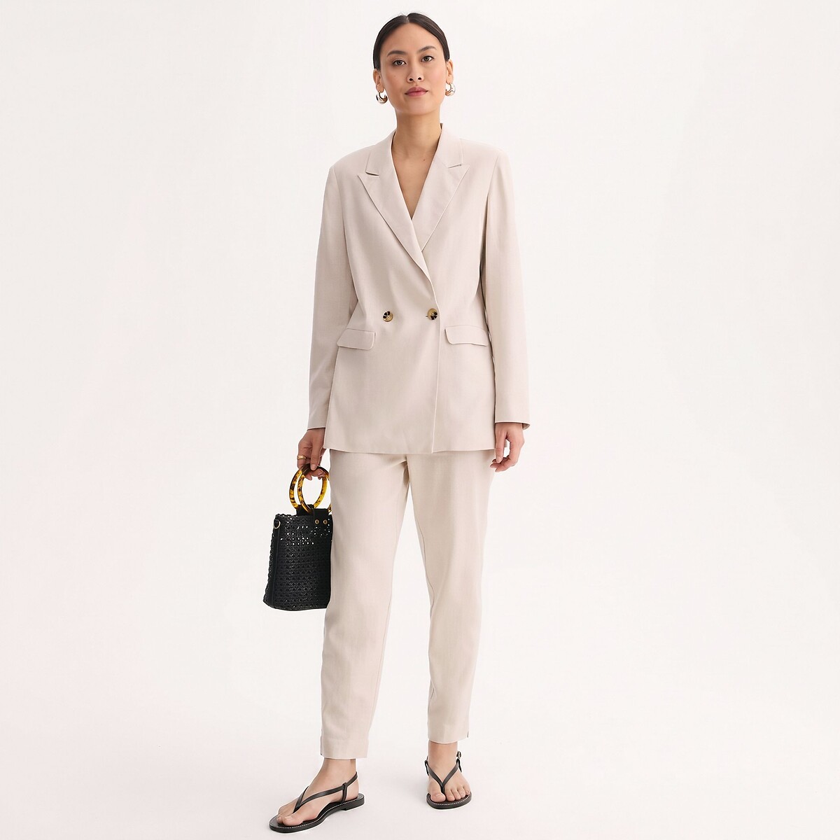 Pantalon cigarette 7/8ème en lin et viscose beige, ANNE WEYBURN
