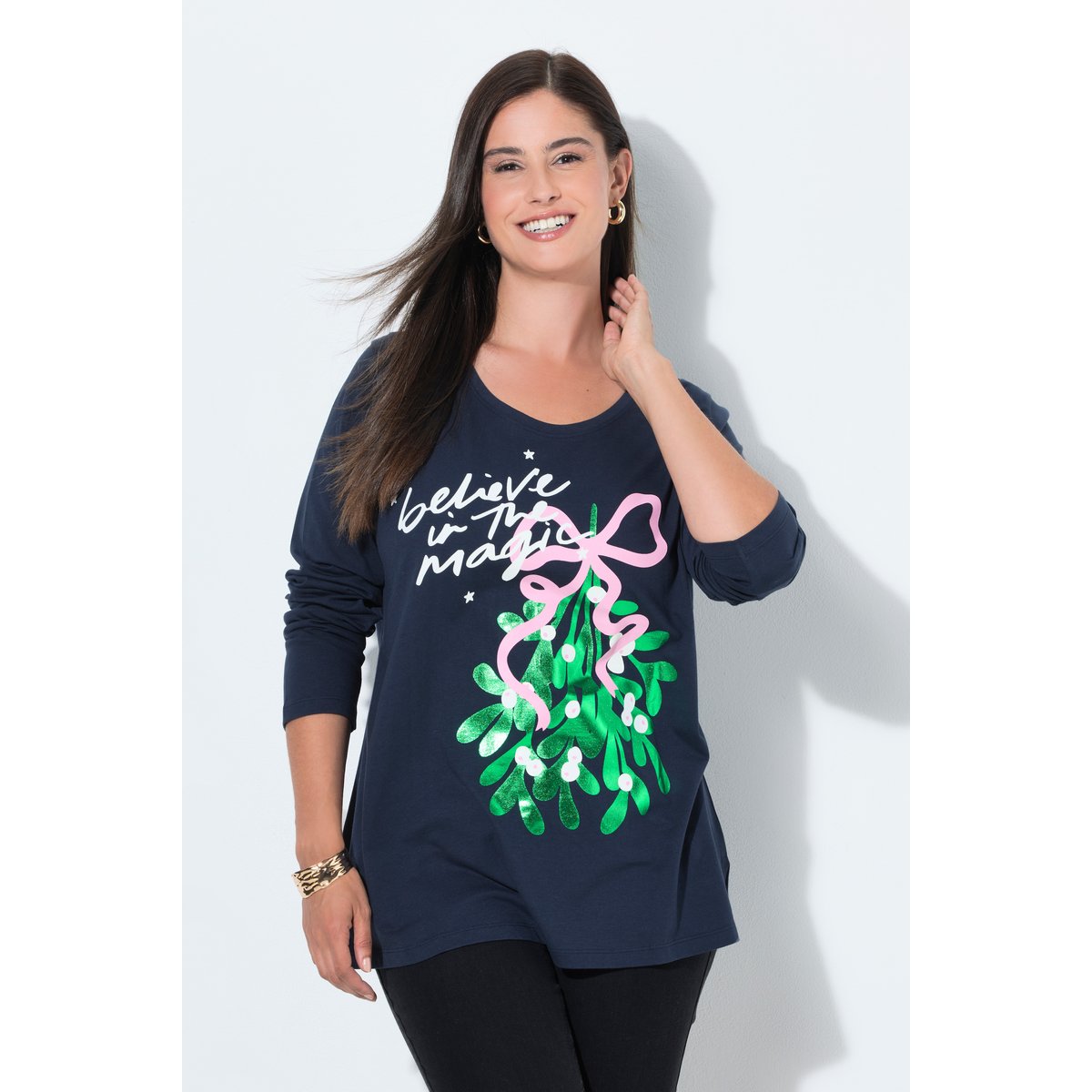 T-shirt de Noël, motif branche de gui marine, ULLA POPKEN