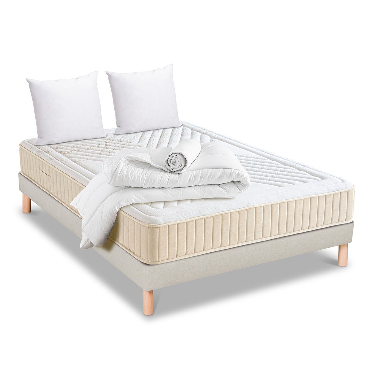 Pack Symphonie 2.0 90x190 cm Matelas Mousse + Sommier Bois + Accessoires beige, BELLECOUR