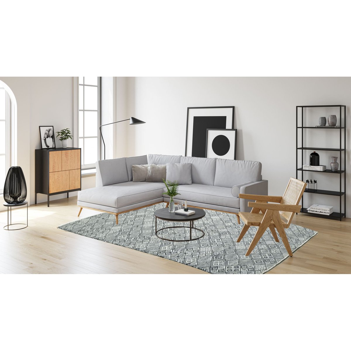 Tapis salon Molde tissé main, laine naturelle noir et blanc, THEKO