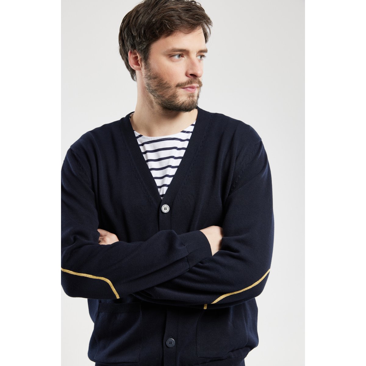 Cardigan avec coudières en coton marine deep, ARMOR-LUX