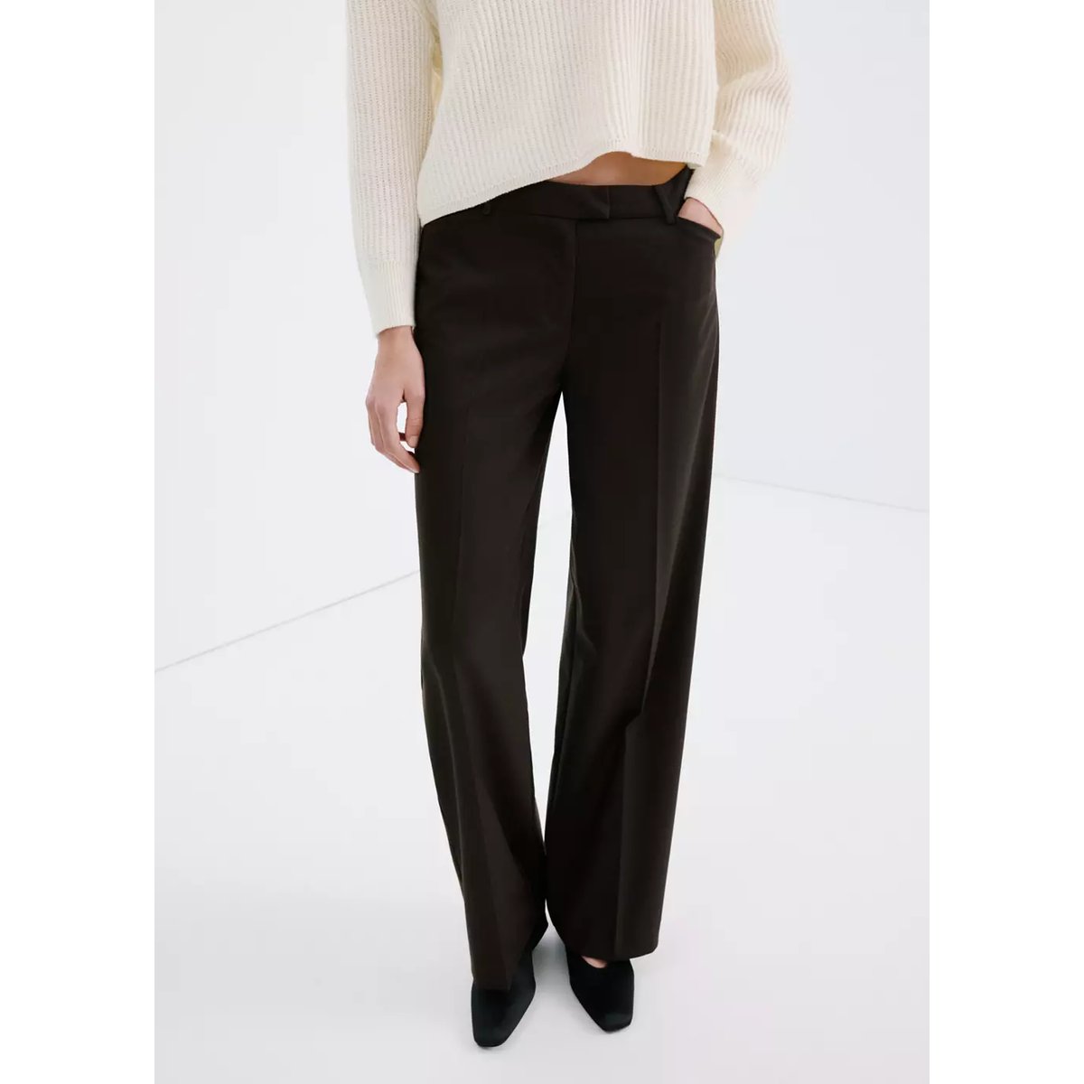 Pantalon wide leg à pinces taille normale marron, MANGO