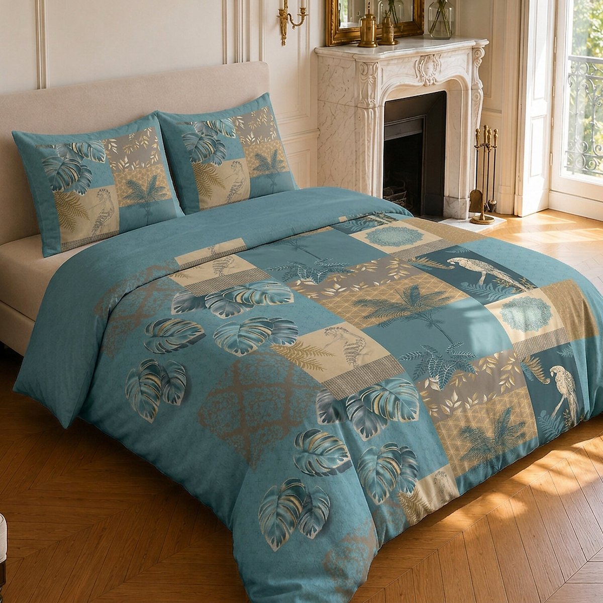 Parure de lit en coton motif tropical, SURINAME bleu canard, C DESIGN HOME TEXTILE