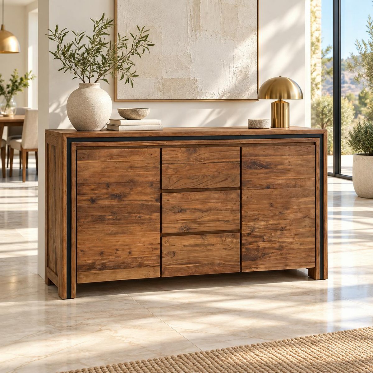 Buffet en bois recyclé de teck 2 portes 3 tiroirs VADOD bois naturel, PIER IMPORT