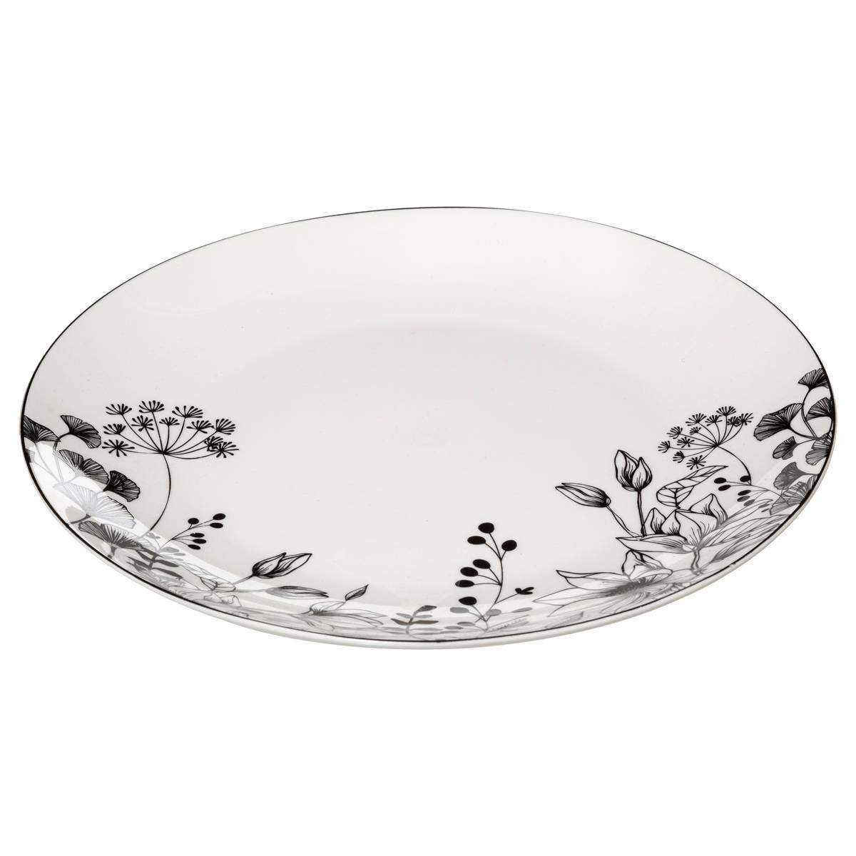 Lot de 6 assiettes plates en porcelaine WHITE FLORAL noir et blanc, SECRET DE GOURMET