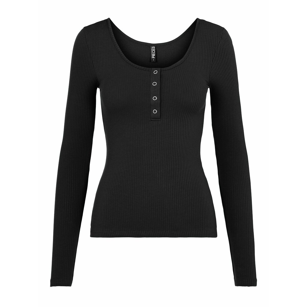 T-shirt manches longues, effet côtelé noir, PIECES
