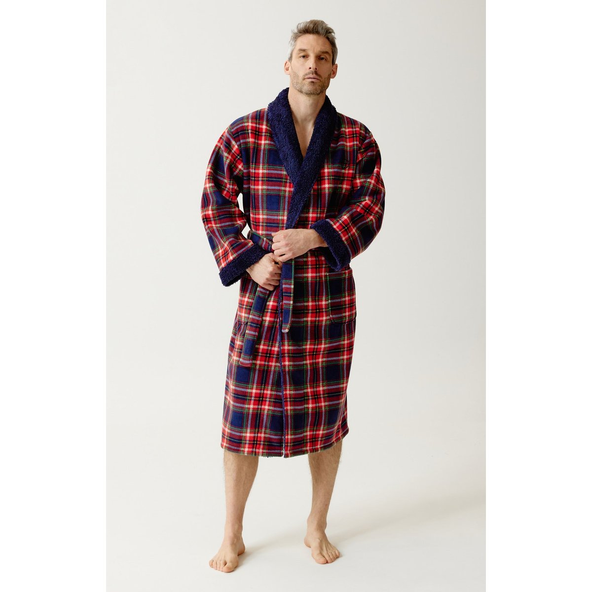 Robe de chambre en polaire à carreaux Léon rouge, ARTHUR