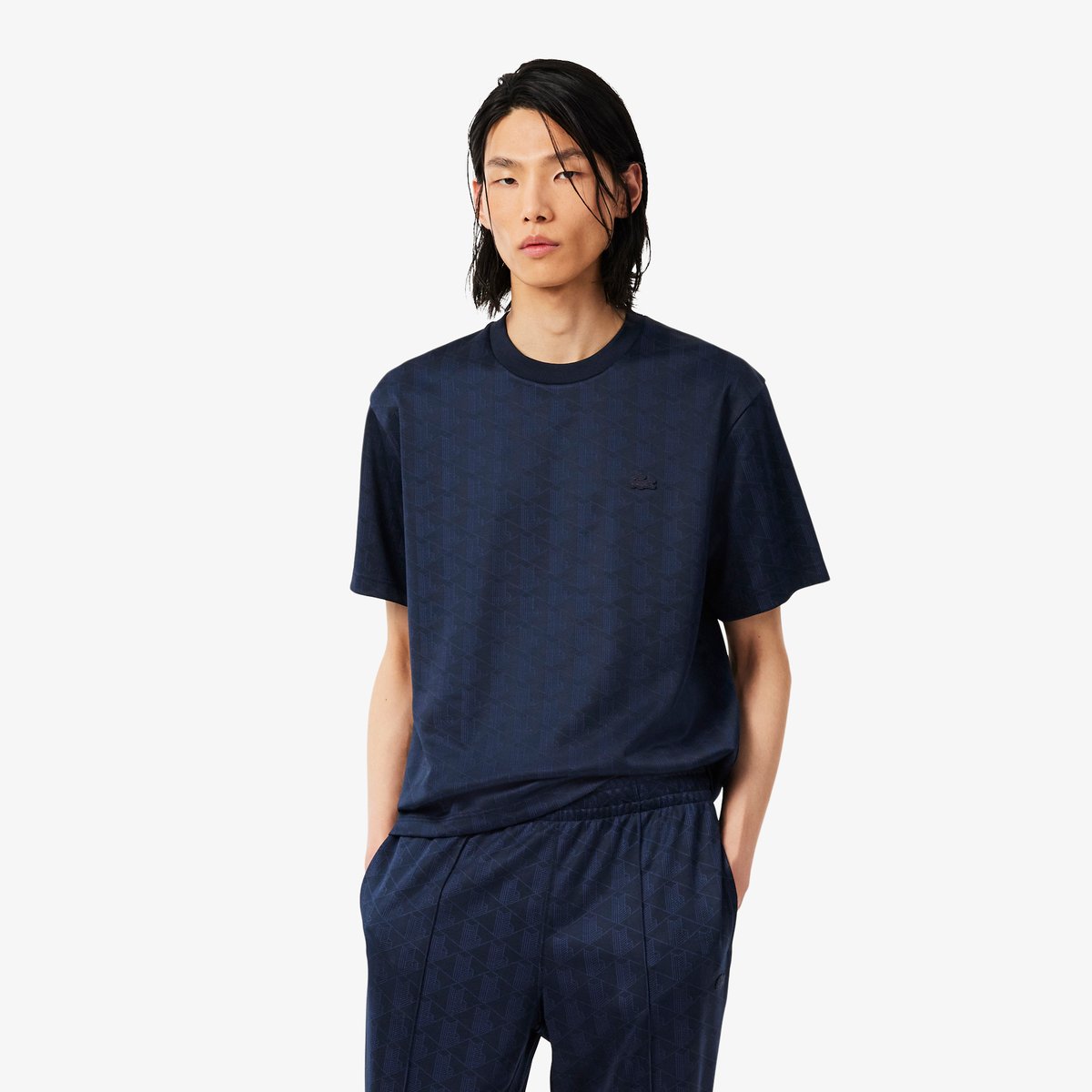 T-shirt jacquard monogramme bleu-166, LACOSTE