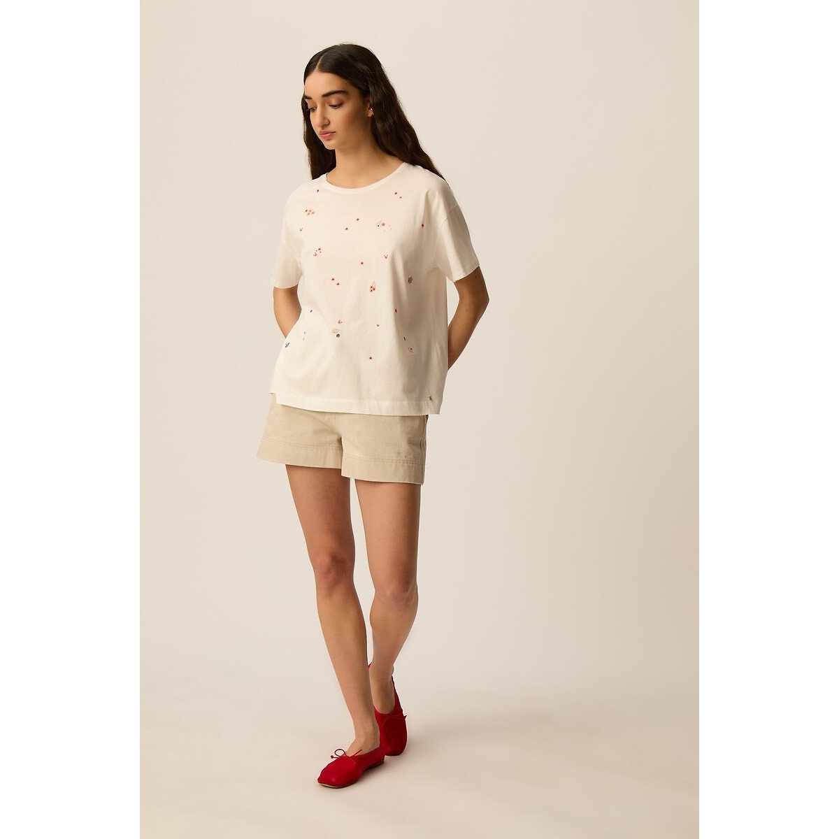 Ilia Embroidered Short Sleeve T-Shirt ecru , DES PETITS HAUTS