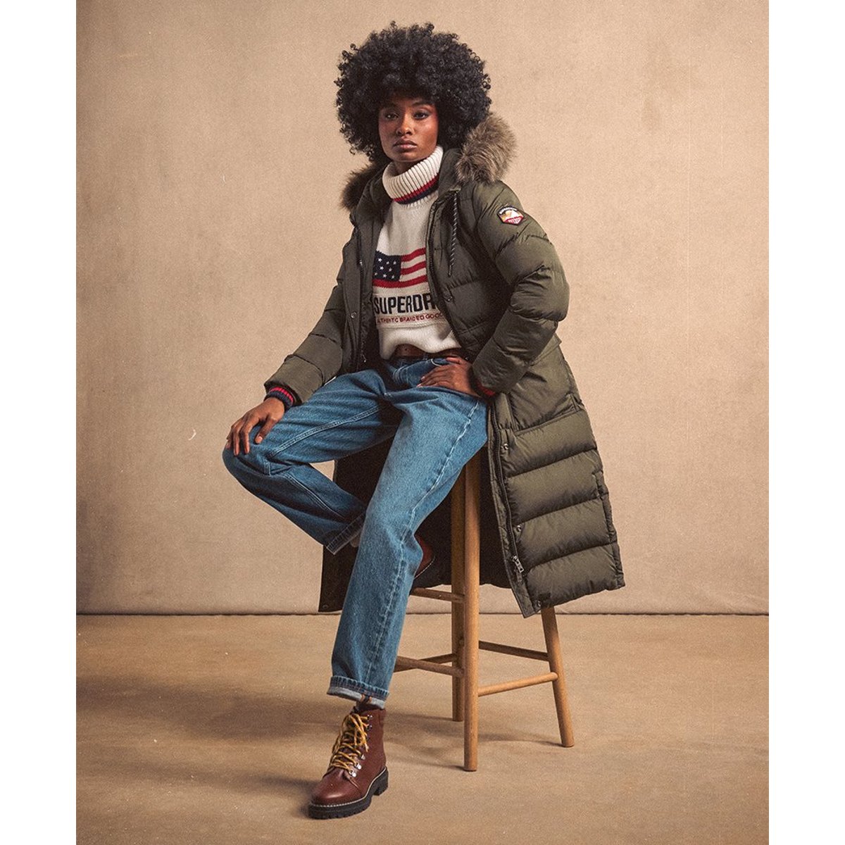 Manteau long en imitation fourrure Everest kaki militaire, SUPERDRY