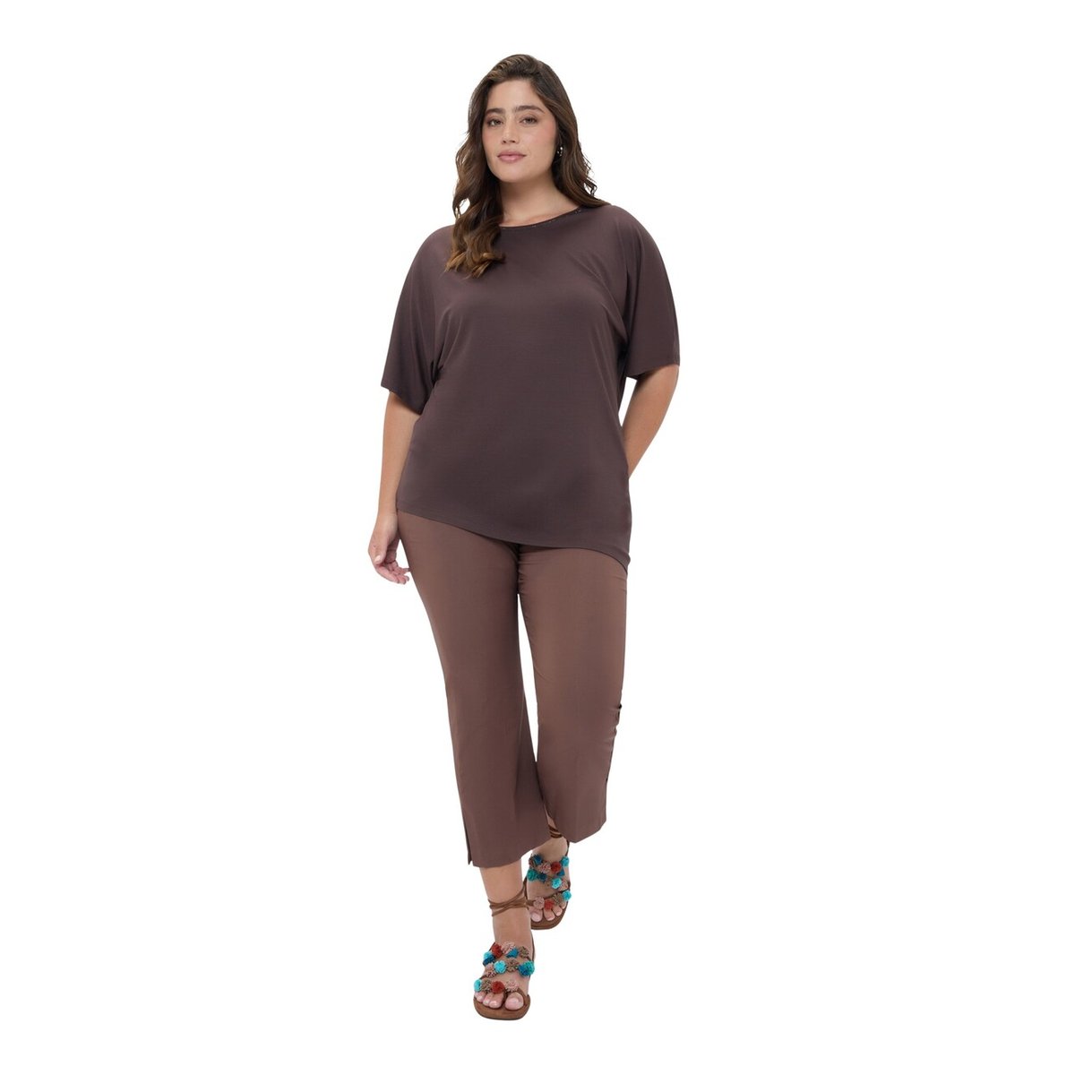 T-shirt avec strass sur l'encolure marron, FIORELLA RUBINO