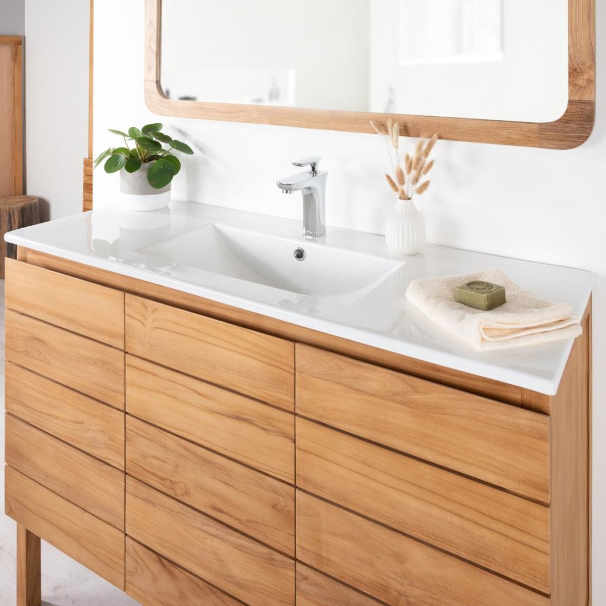 Meuble salle de bain en teck massif et céramique solo 120 cm ANANTA blanc, WANDA COLLECTION