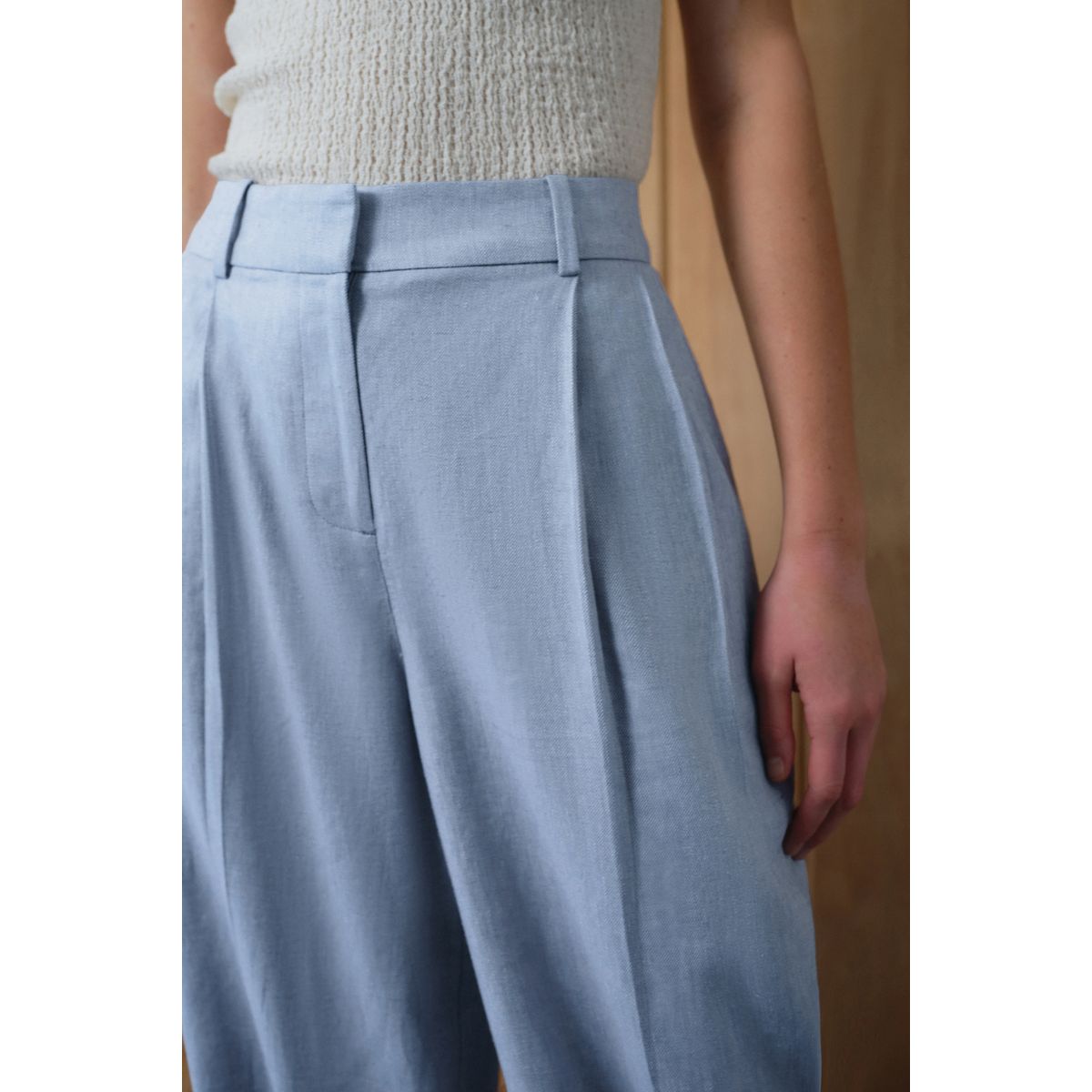 Pantalon ample dos élastique en lin mélangé chambray bleu, NEXT