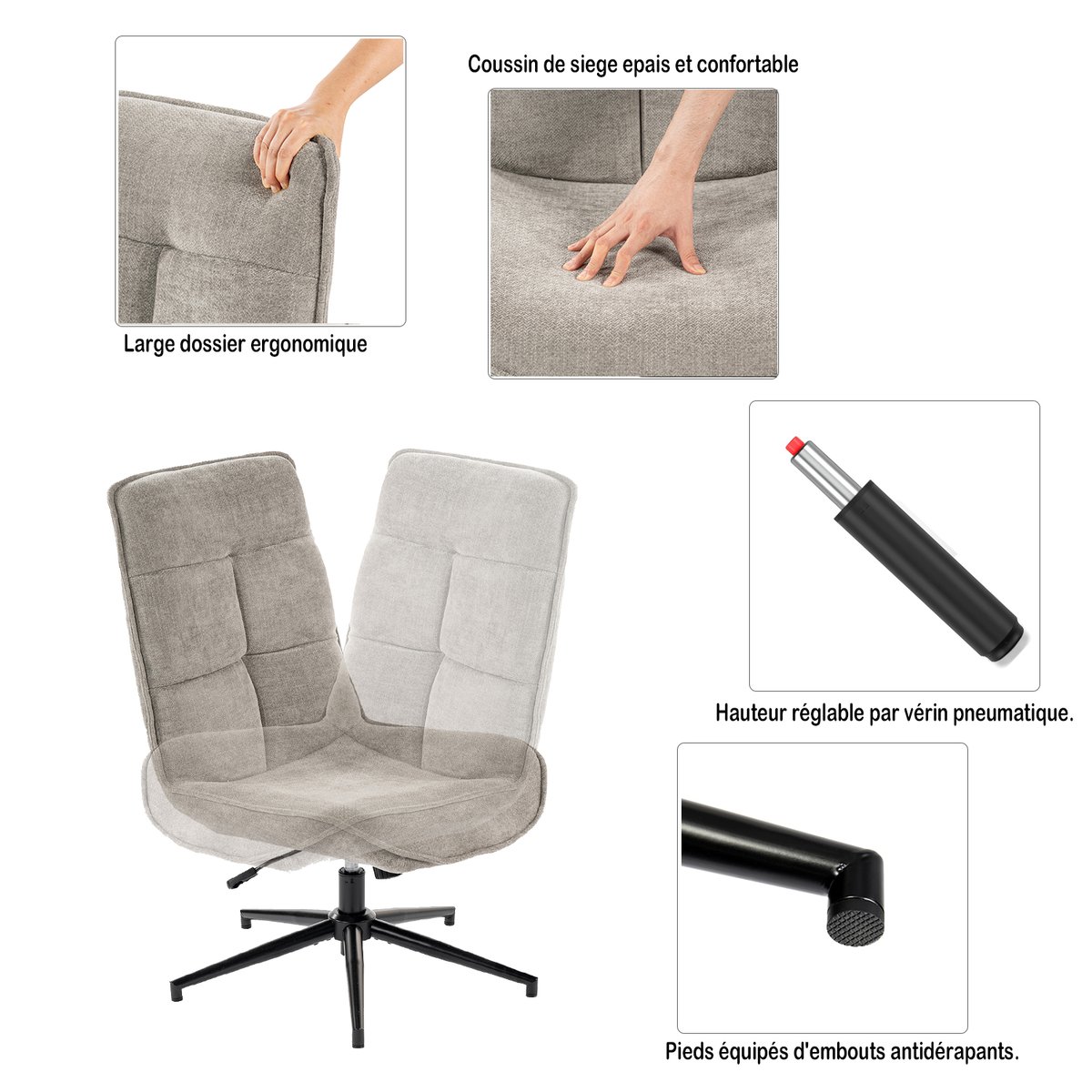 Chaise de bureau rotatif hauteur réglable style moderne, CHARLOTTEOFFICE gris, MEUBLES COSY