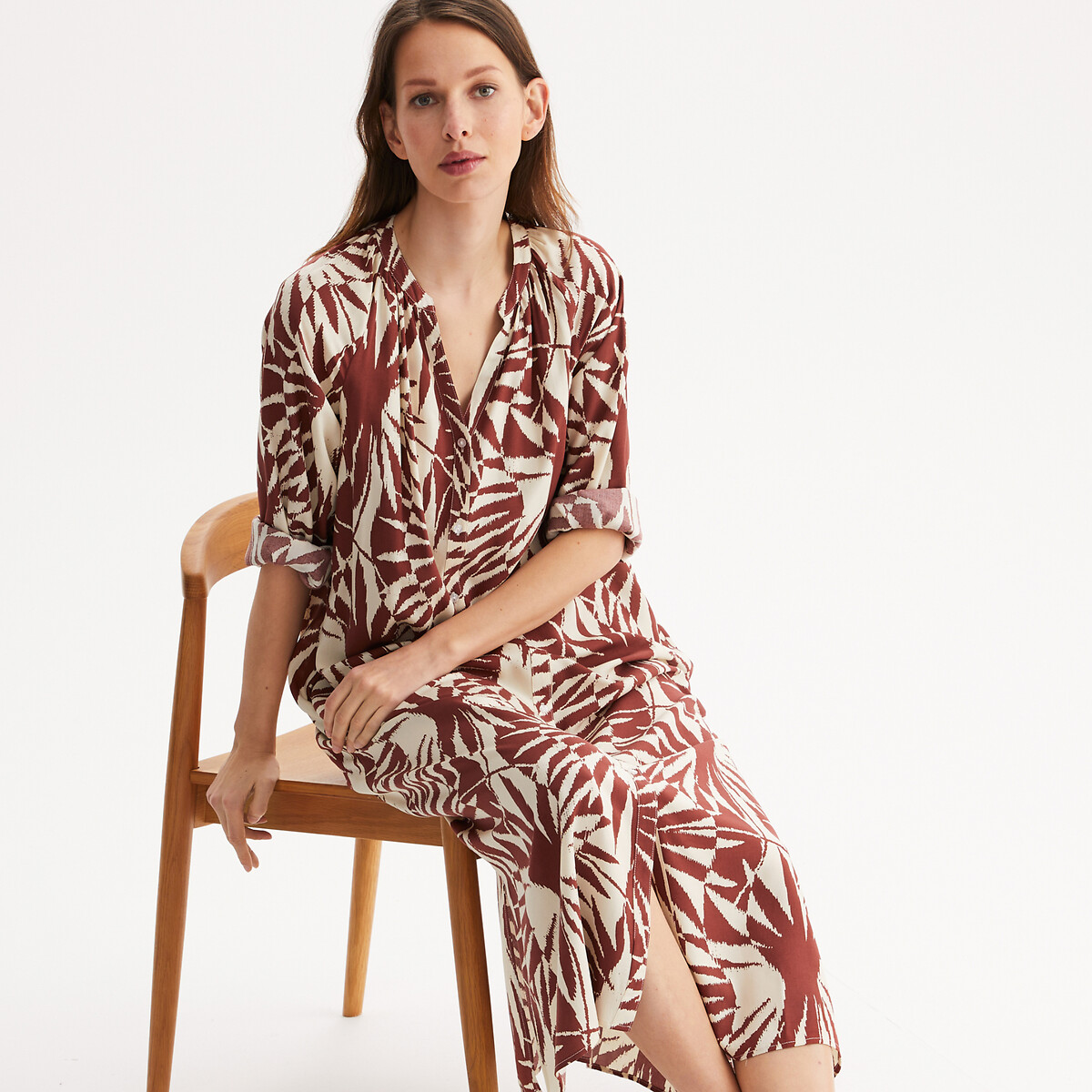 Maxi Shift Dress with Graphic Print and 3/4 Length Sleeves ivory print, ANNE WEYBURN