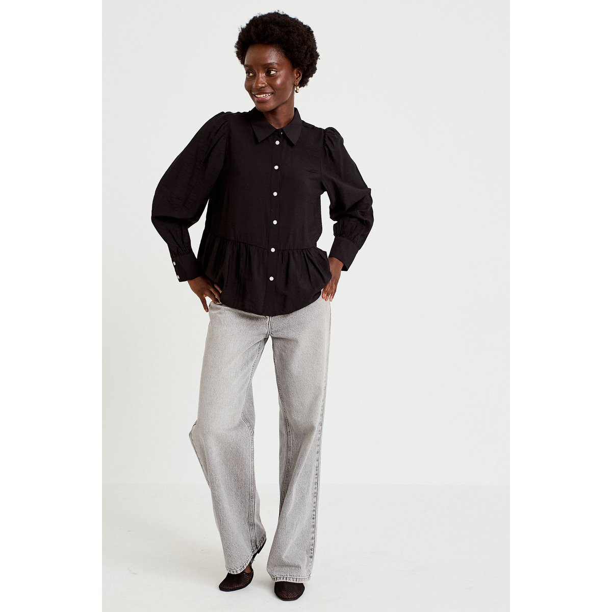 Chemise droite plissée col américain noir, CACHE CACHE