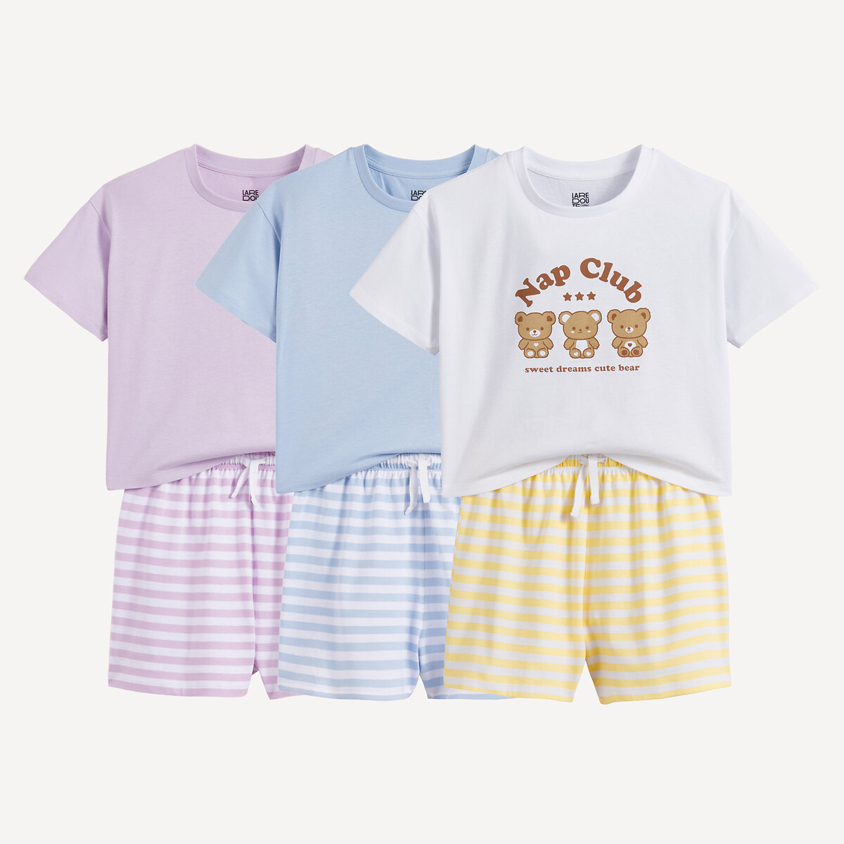 Lot de 3 pyjashorts, en coton, motifs nounours et rayures assortis, LA REDOUTE COLLECTIONS