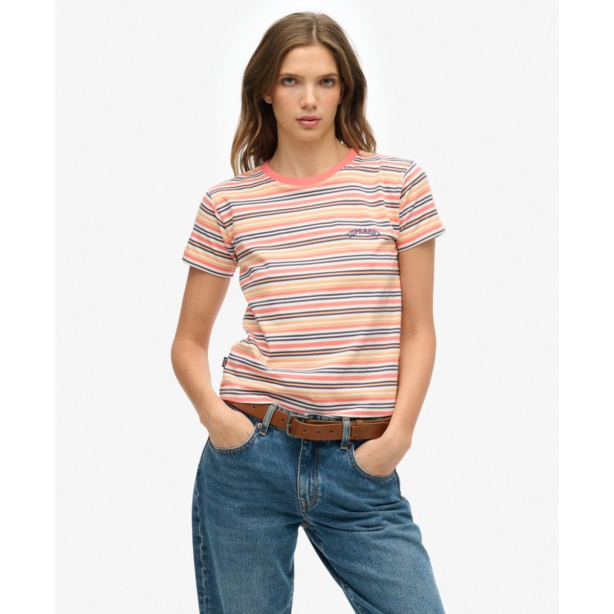 T-shirt ajusté à rayures Essential Logo rayures corail coucher de soleil, SUPERDRY